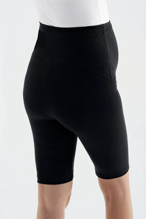 Ribbed Biker Flexible Adjustable Waist Maternity Shorts Leggings Black - LF9213