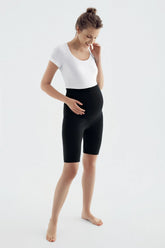 Ribbed Biker Flexible Adjustable Waist Maternity Shorts Leggings Black - LF9213