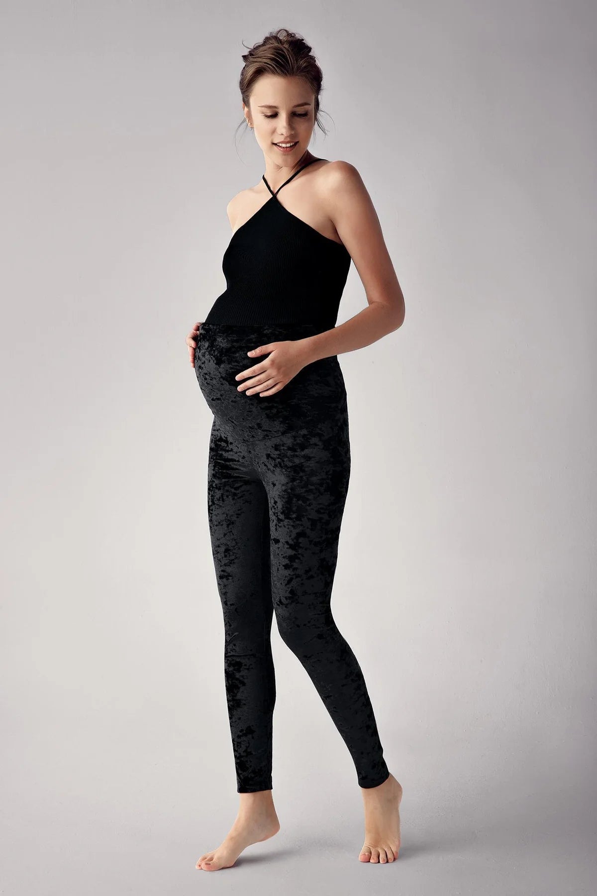 Velvet Adjustable Waist Maternity Leggings Black - LT9004