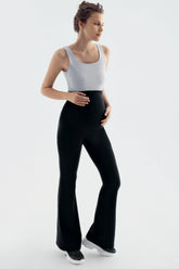 Flared High-Waisted Elastic Supportive Maternity Leggings Black - LT9015