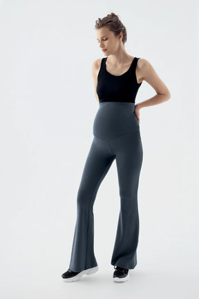 Flared Thermal Fleece-Lined Adjustable Waist Maternity Leggings Anthracite - LT9018