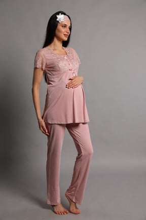 Guipure 3-Pieces Maternity & Nursing Pajamas With Robe Dried Rose - 5206