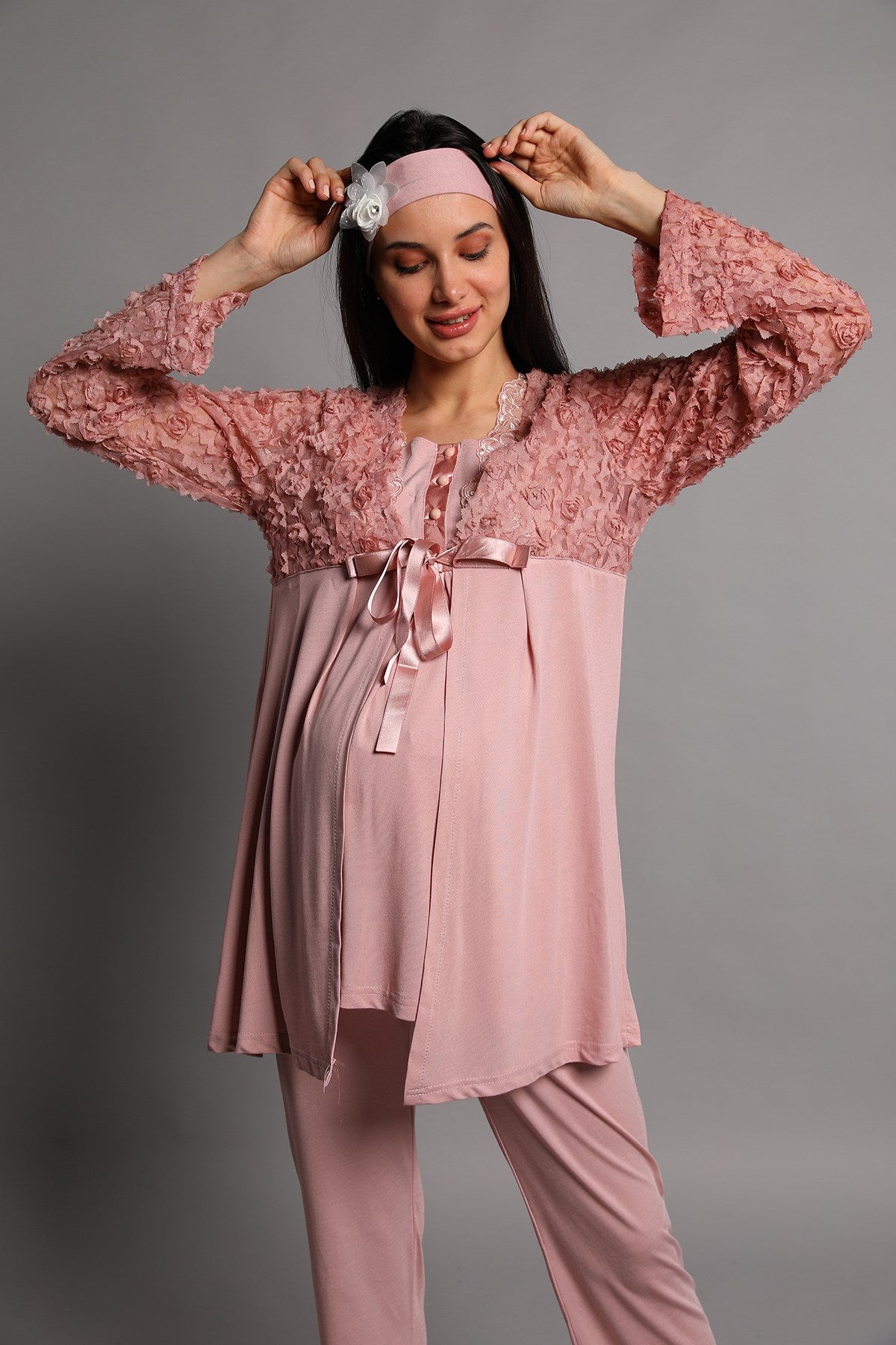 Guipure 3-Pieces Maternity & Nursing Pajamas With Robe Dried Rose - 5206