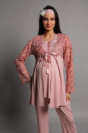 Guipure 3-Pieces Maternity & Nursing Pajamas With Robe Dried Rose - 5206