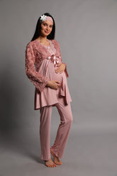 Guipure 3-Pieces Maternity & Nursing Pajamas With Robe Dried Rose - 5206