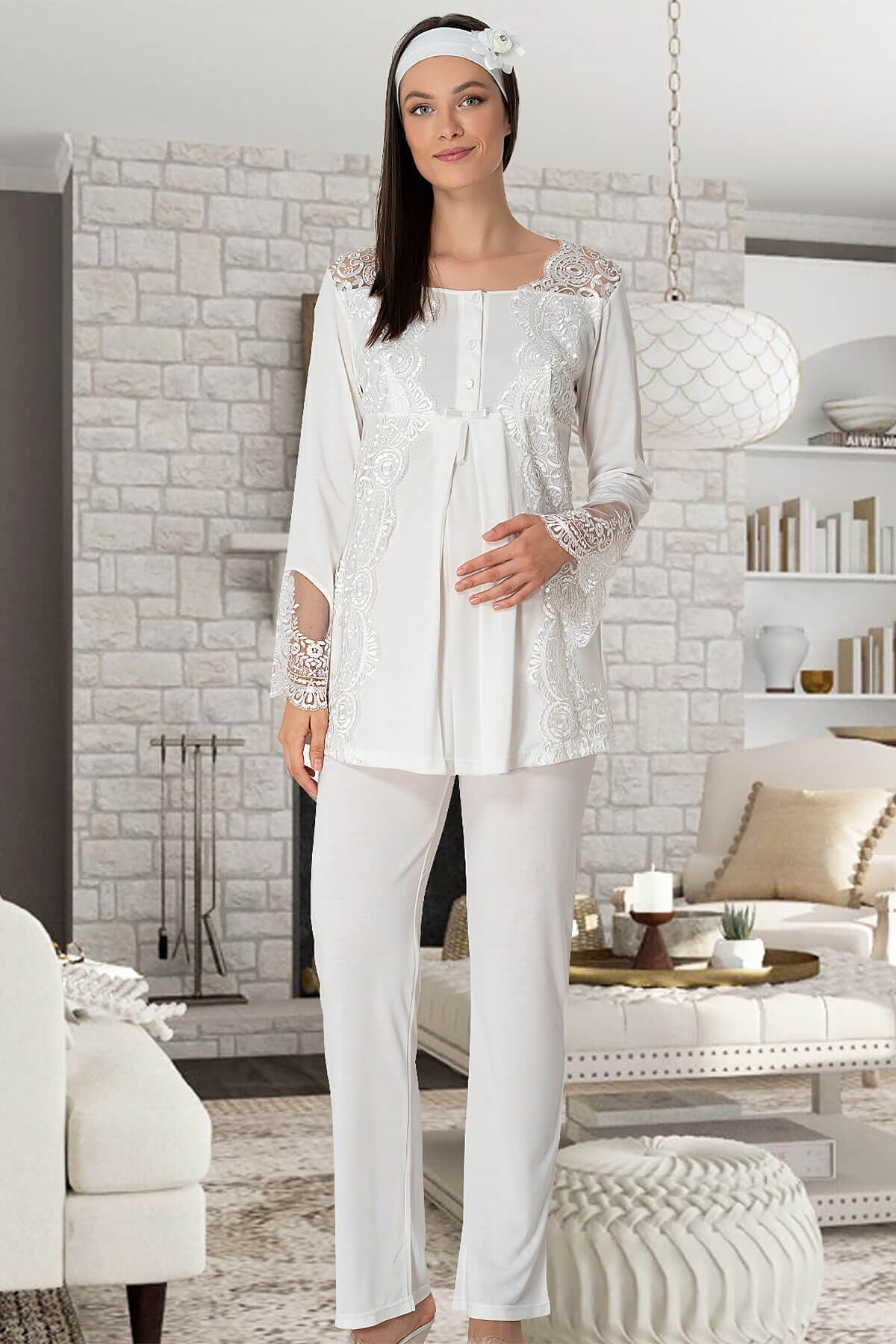 Lace Collar Maternity & Nursing Pajamas Ecru - 5015