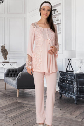 Lace Collar Maternity & Nursing Pajamas Powder - 5015