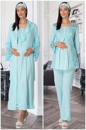 Lace Collar 4 Pieces Maternity & Nursing Set Turquoise - 5355