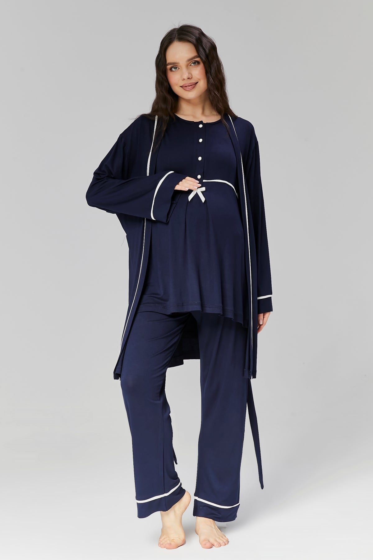 Bias 3-Pieces Maternity & Nursing Pajamas With Robe Navy Blue - 509