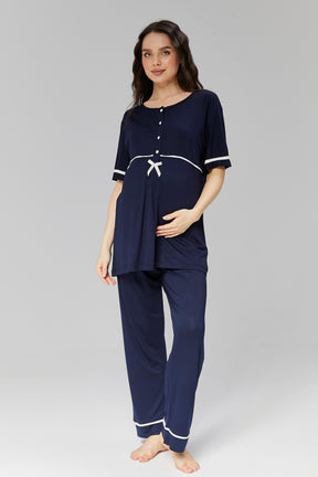 Bias 3-Pieces Maternity & Nursing Pajamas With Robe Navy Blue - 509