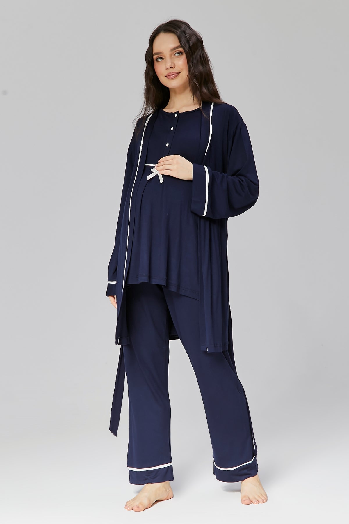 Bias 3-Pieces Maternity & Nursing Pajamas With Robe Navy Blue - 509