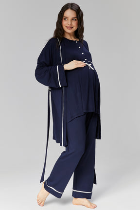 Bias 3-Pieces Maternity & Nursing Pajamas With Robe Navy Blue - 509