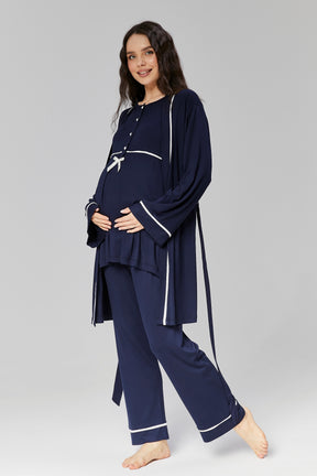 Bias 3-Pieces Maternity & Nursing Pajamas With Robe Navy Blue - 509