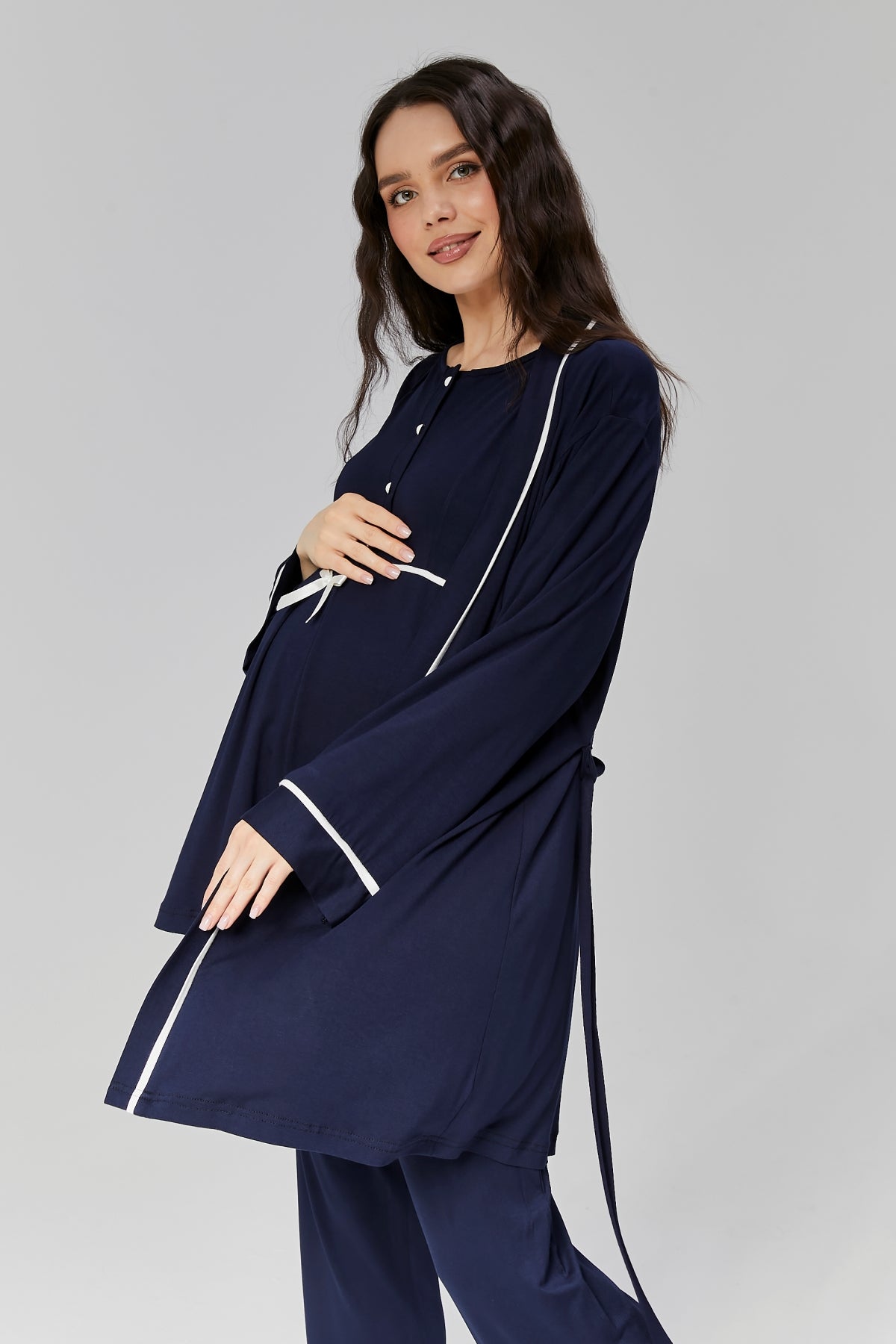 Bias 3-Pieces Maternity & Nursing Pajamas With Robe Navy Blue - 509