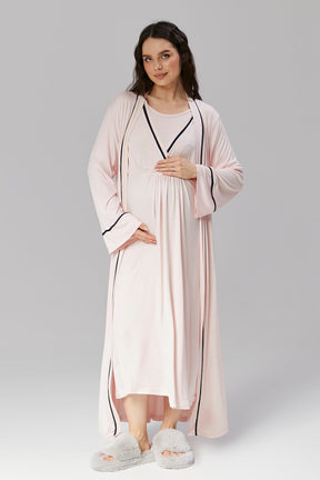 Striped Double Breasted Maternity & Nursing Nightgown With Robe Pink - 504