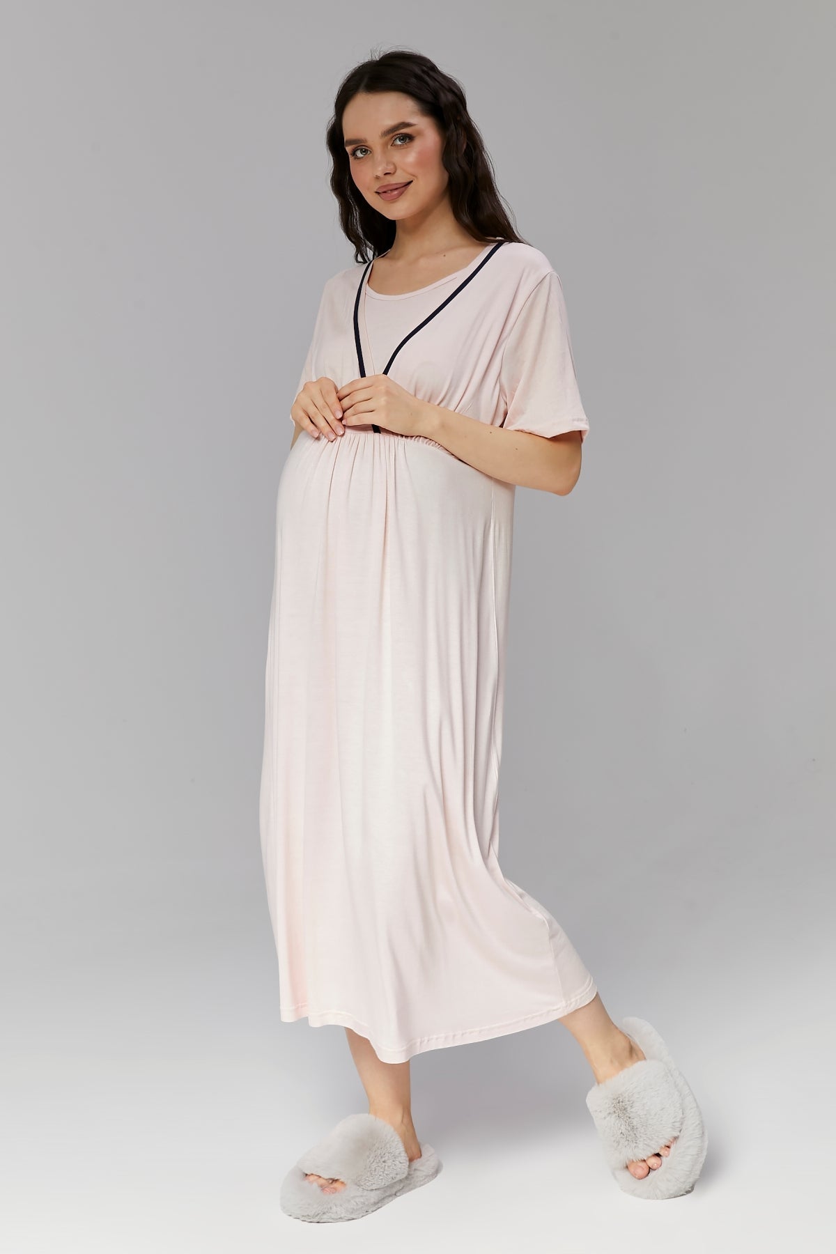 Striped Double Breasted Maternity & Nursing Nightgown With Robe Pink - 504