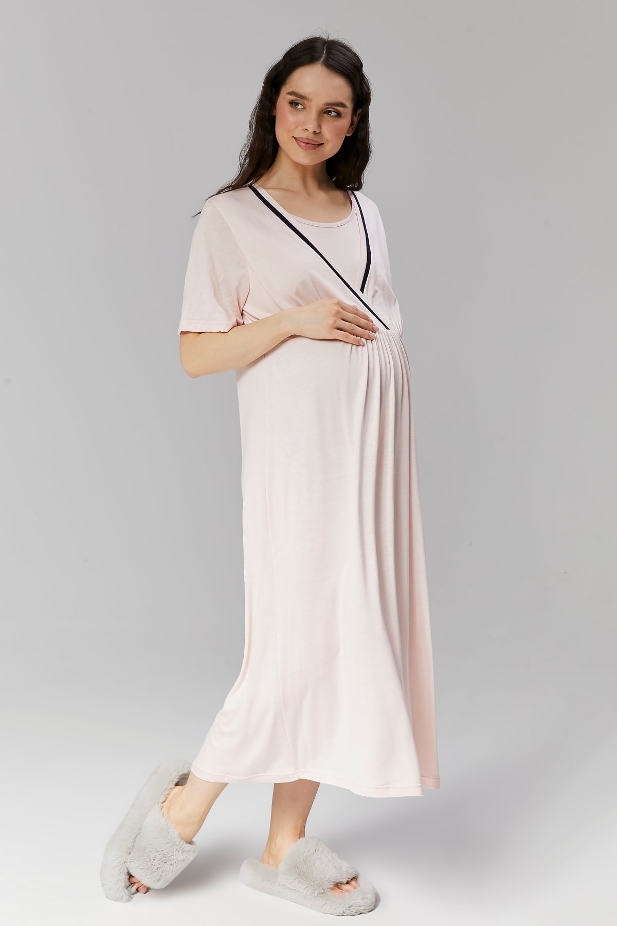 Striped Double Breasted Maternity & Nursing Nightgown With Robe Pink - 504