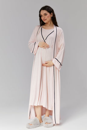 Striped Double Breasted Maternity & Nursing Nightgown With Robe Pink - 504