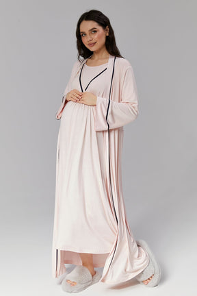 Striped Double Breasted Maternity & Nursing Nightgown With Robe Pink - 504