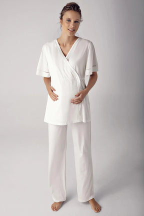 Double Breasted 3-Pieces Maternity & Nursing Pajamas With Robe Ecru - 10302