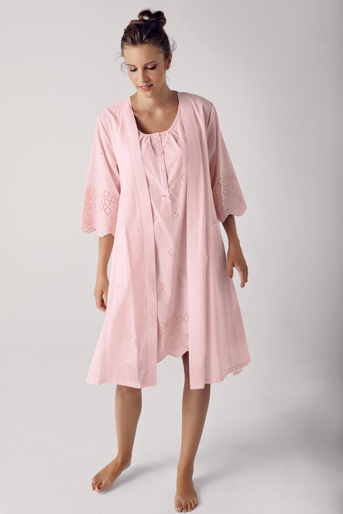 Cotton Weaving Maternity & Nursing Nightgown With Robe Powder - 10402