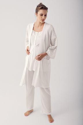 Motif Embroidered 3-Pieces Maternity & Nursing Pajamas With Robe Ecru - 12305