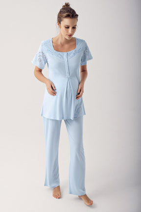 Motif Embroidered 3-Pieces Maternity & Nursing Pajamas With Robe Blue - 12305