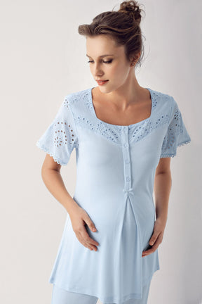 Motif Embroidered 3-Pieces Maternity & Nursing Pajamas With Robe Blue - 12305