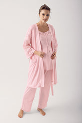 Motif Embroidered 3-Pieces Maternity & Nursing Pajamas With Robe Powder - 12305