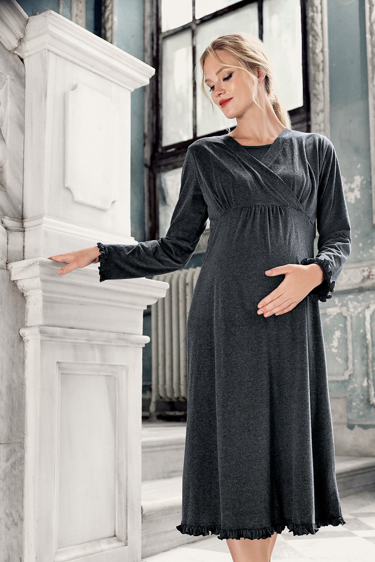 Double Breasted Maternity & Nursing Nightgown Anthracite - 13112