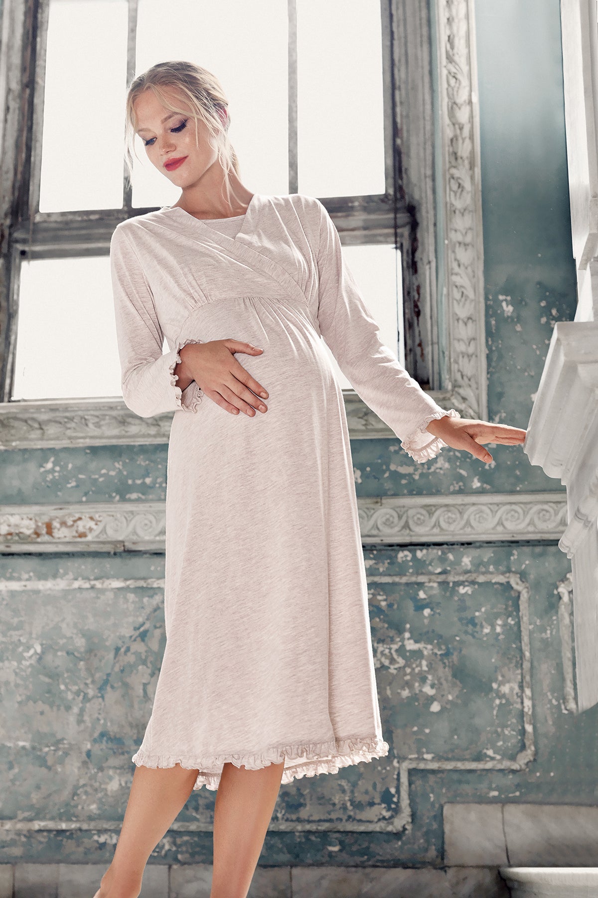 Double Breasted Maternity & Nursing Nightgown Beige - 13112