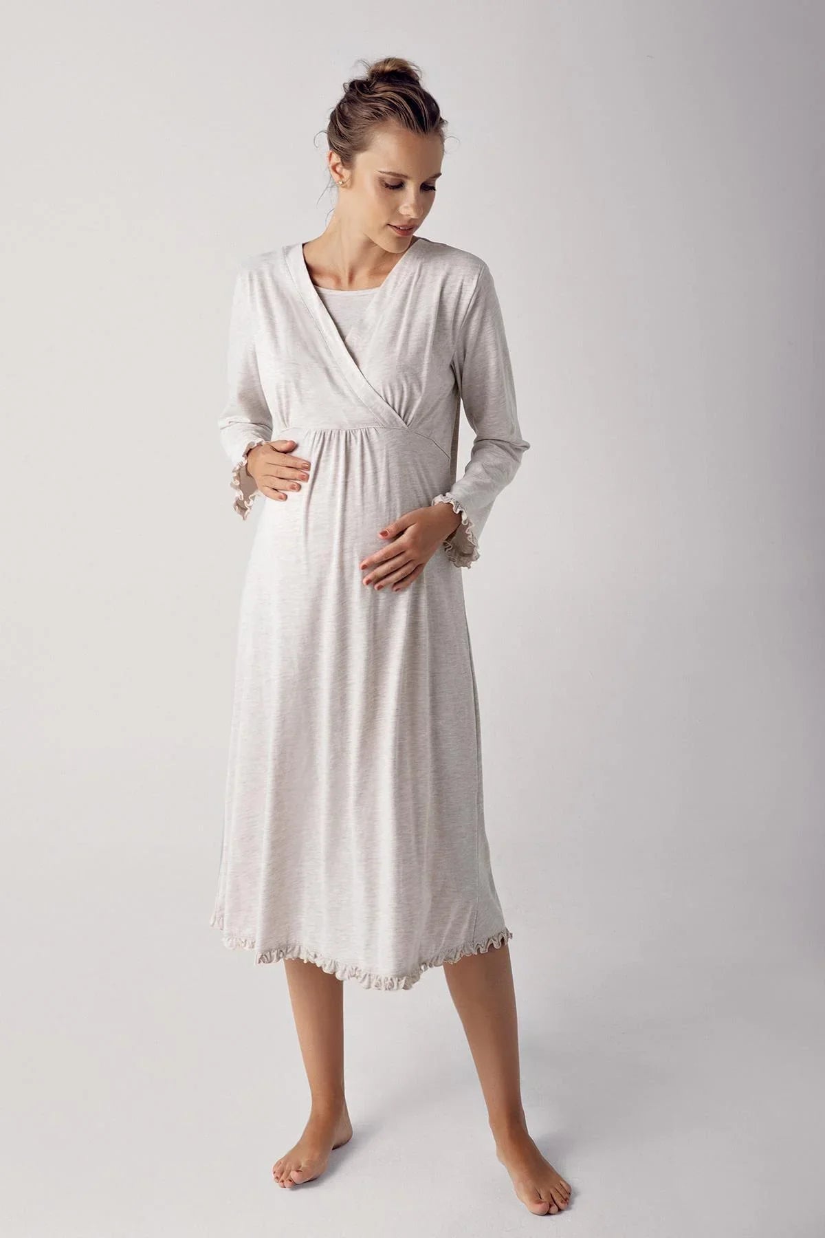 Double Breasted Maternity & Nursing Nightgown Beige - 13112