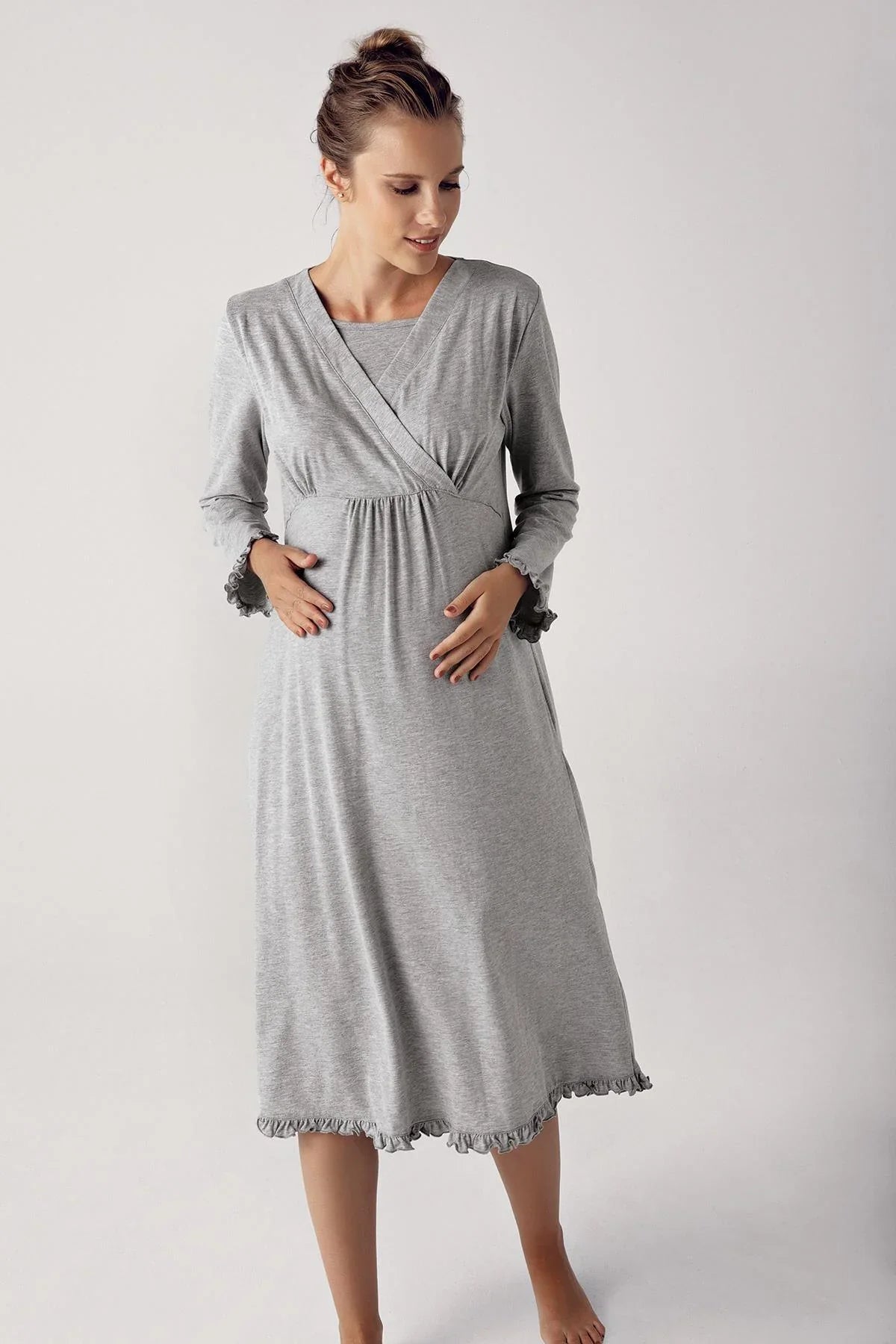 Double Breasted Maternity & Nursing Nightgown Grey - 13112