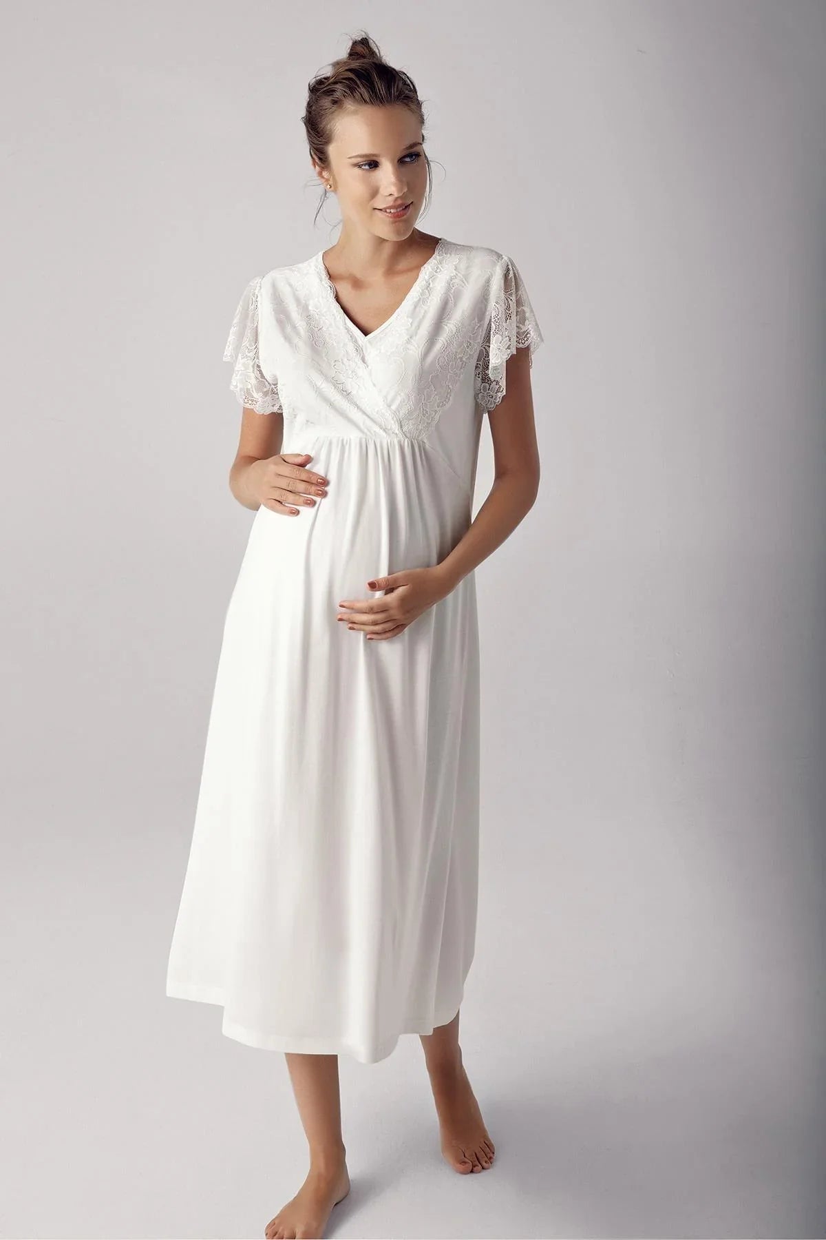Lace Sleeve Double Breasted Maternity & Nursing Nightgown Ecru - 13126