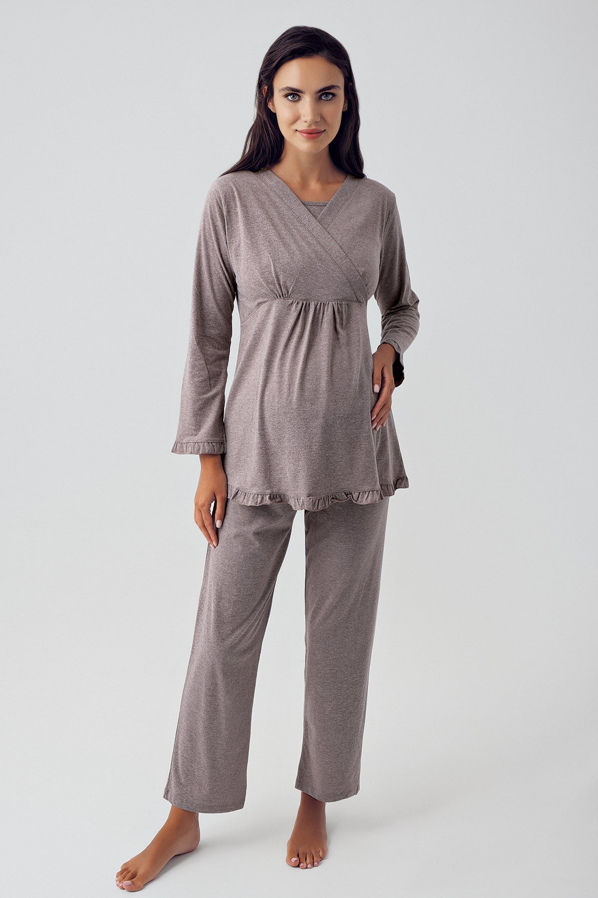 Double Breasted 3-Pieces Maternity & Nursing Pajamas With Knitwear Robe Coffee - 15301