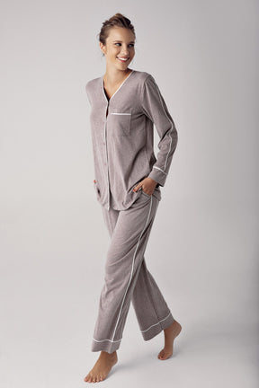 Melange Cotton Maternity & Nursing Pajamas Coffee - 13202