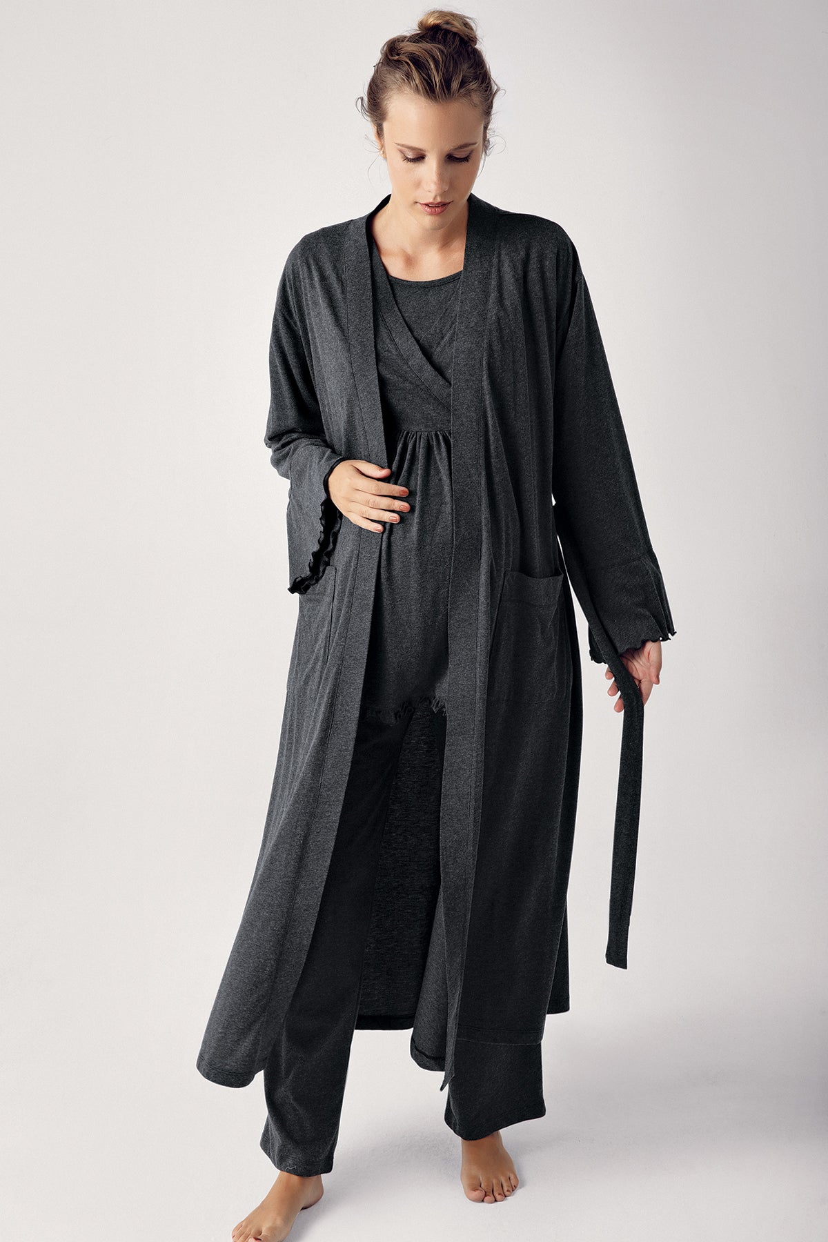 Double Breasted 3-Pieces Maternity & Nursing Pajamas With Robe Anthracite - 13300