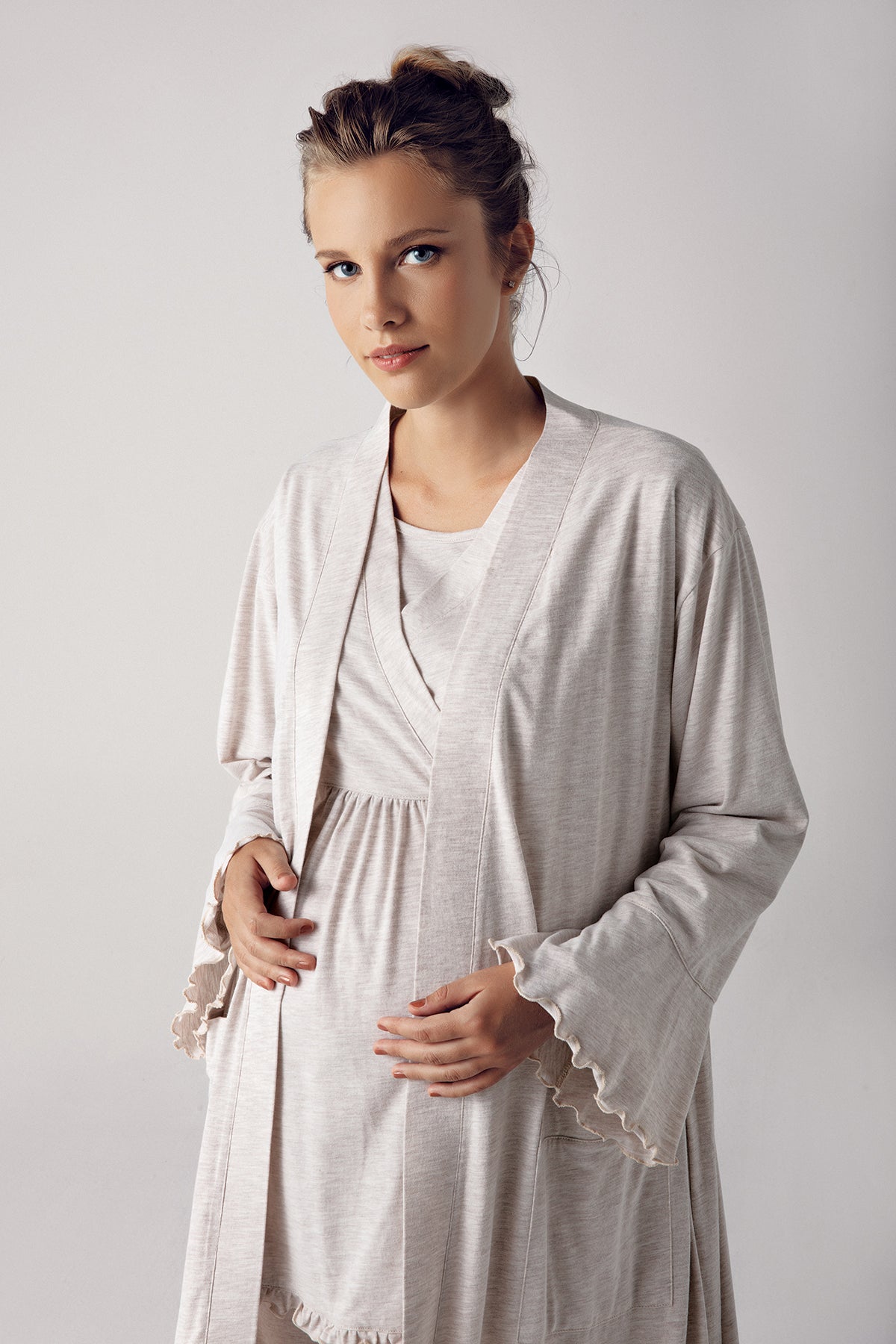 Double Breasted 3-Pieces Maternity & Nursing Pajamas With Robe Beige - 13300