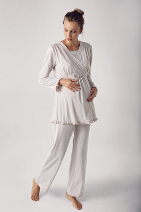 Double Breasted 3-Pieces Maternity & Nursing Pajamas With Robe Beige - 13300