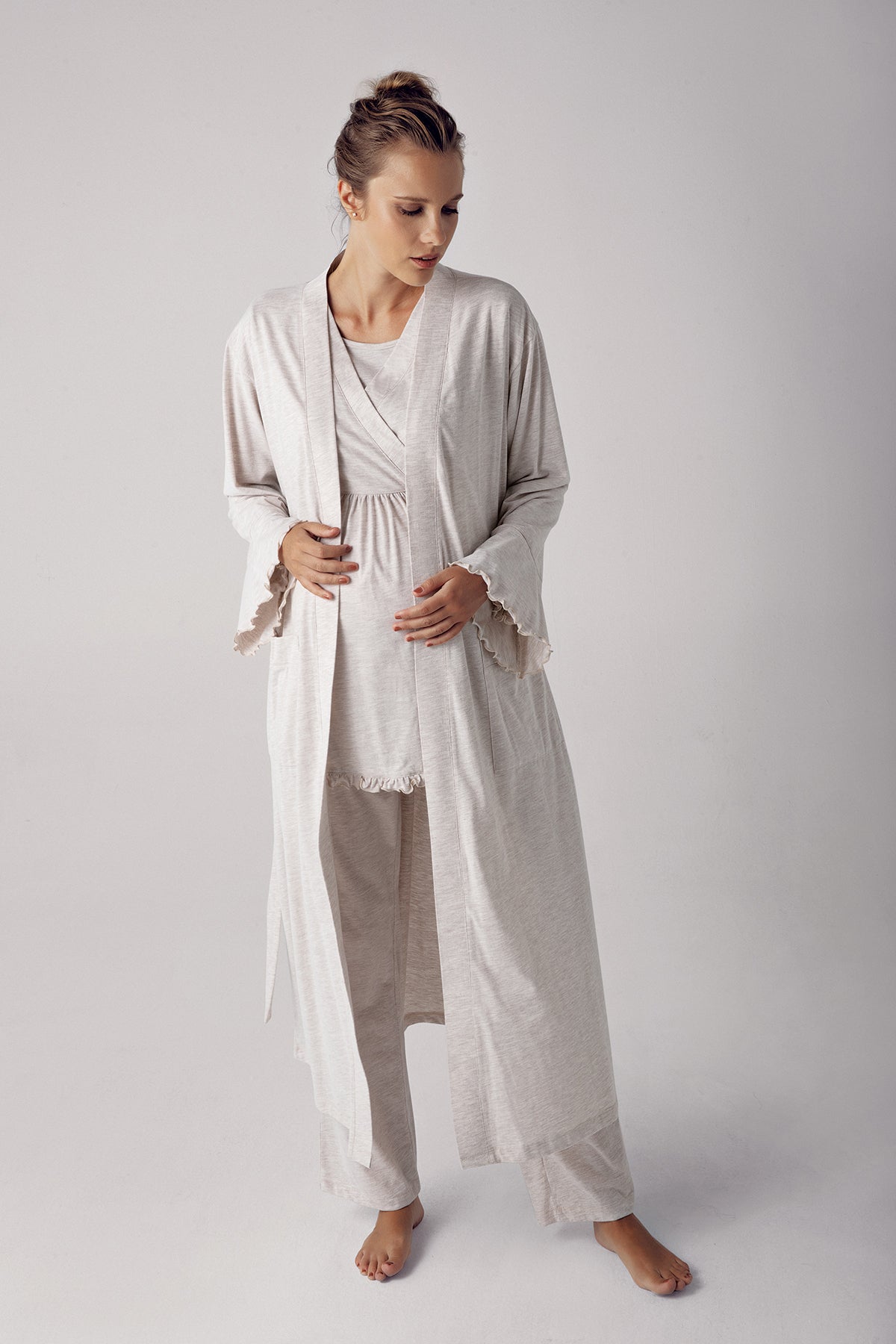 Double Breasted 3-Pieces Maternity & Nursing Pajamas With Robe Beige - 13300