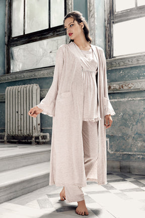 Double Breasted 3-Pieces Maternity & Nursing Pajamas With Robe Beige - 13300