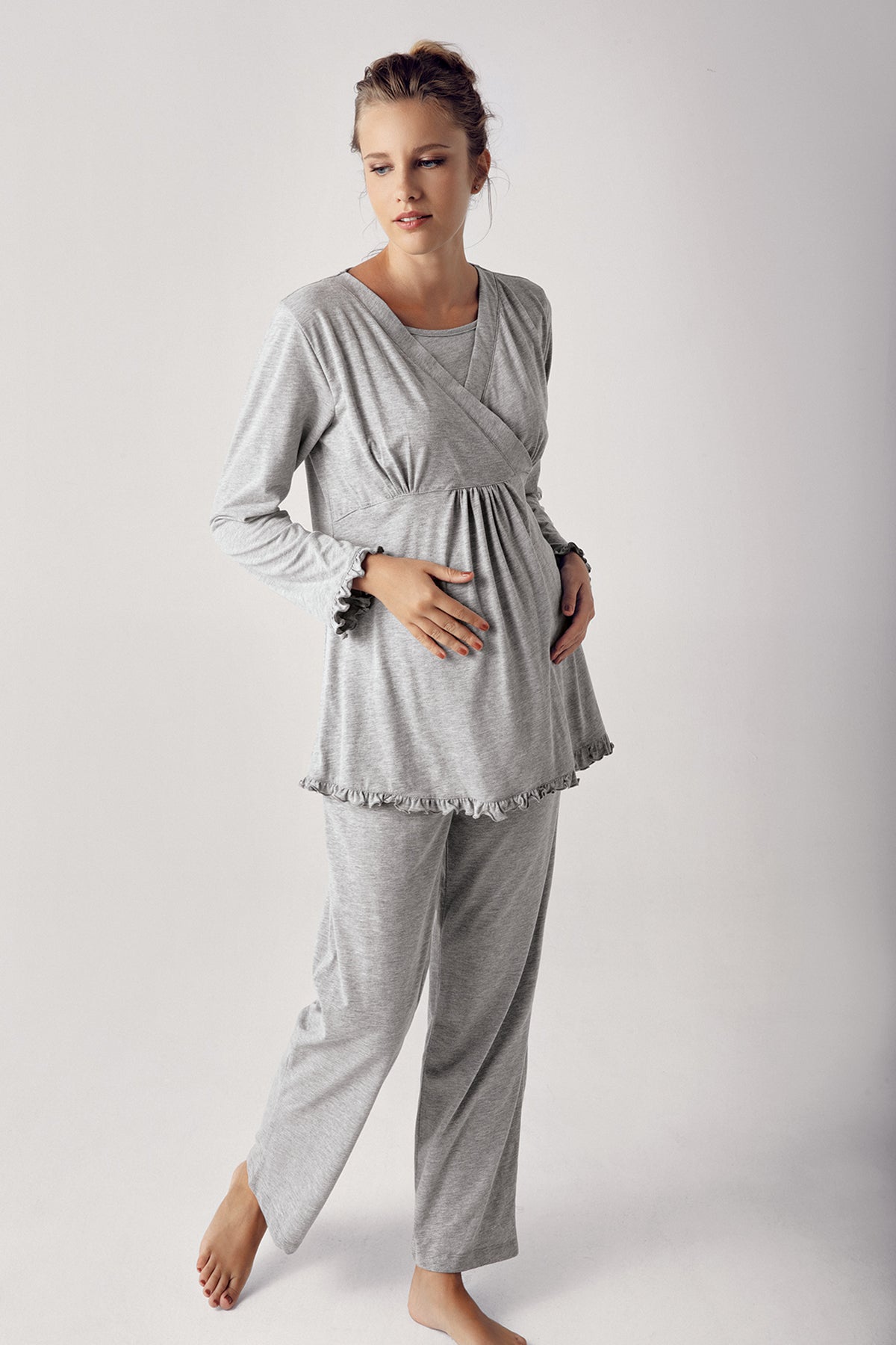 Double Breasted 3-Pieces Maternity & Nursing Pajamas With Robe Grey - 13300