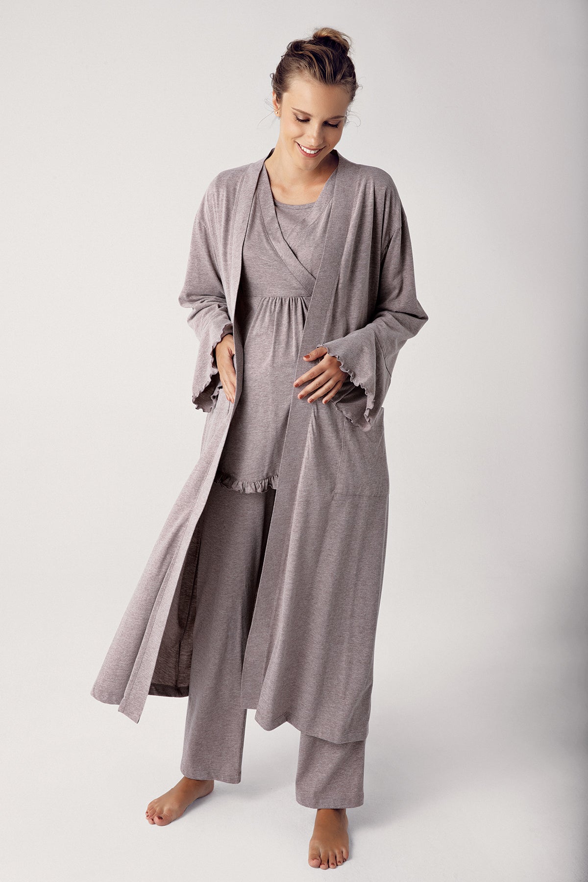 Double Breasted 3-Pieces Maternity & Nursing Pajamas With Robe Coffee - 13300