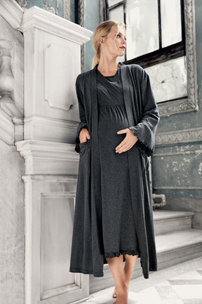 Double Breasted Maternity & Nursing Nightgown With Robe Anthracite - 13400