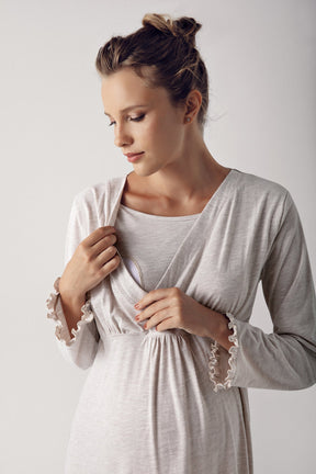 Double Breasted Maternity & Nursing Nightgown With Robe Beige - 13400