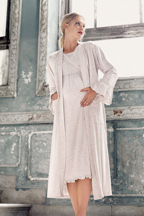 Double Breasted Maternity & Nursing Nightgown With Robe Beige - 13400
