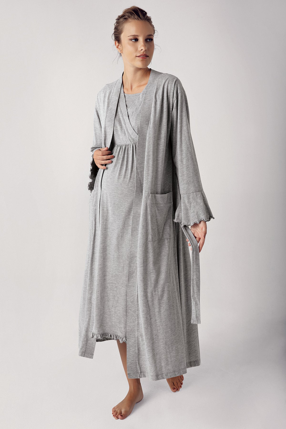 Double Breasted Maternity & Nursing Nightgown With Robe Grey - 13400