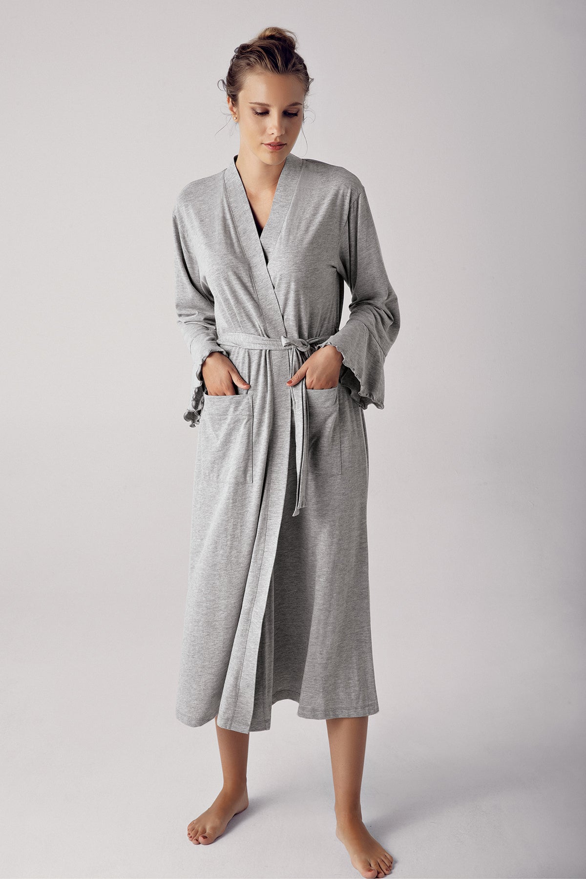 Melange Cotton Maternity Robe Grey - 13502