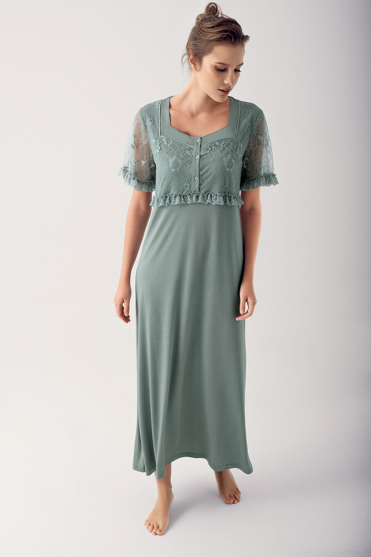 Lace Sleeve Maternity & Nursing Nightgown Green - 14100
