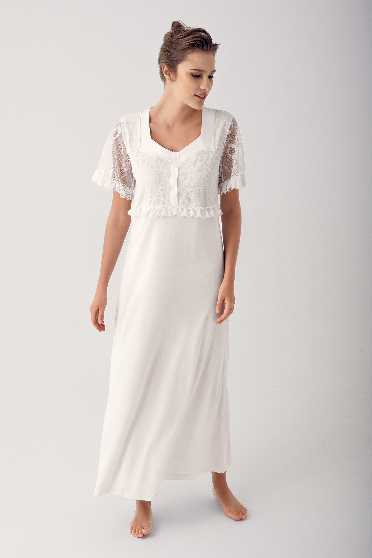 Lace Sleeve Maternity & Nursing Nightgown Ecru - 14100